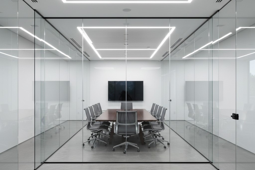 Modern glass-walled conference room A view from an office hallway looking into an empty meeting room with floor-to-ceiling glass walls and modern furniture.