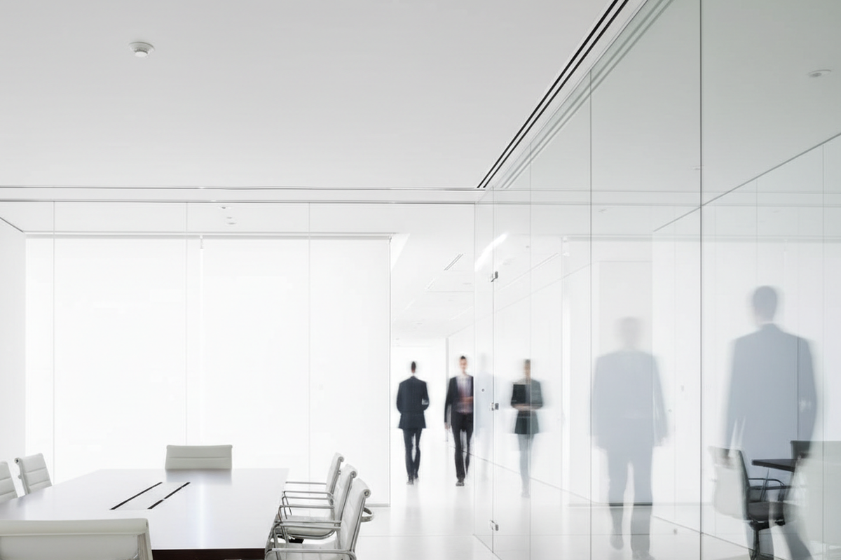 A modern conference room features a long table and white chairs enclosed by floor-to-ceiling glass walls. Blurred figures of people walking in the adjacent hallway are visible through the transparent partition.