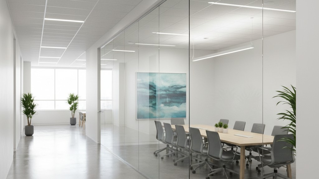 Glass walled conference room A view of a modern conference room with glass walls, visible from an adjacent busy hallway.