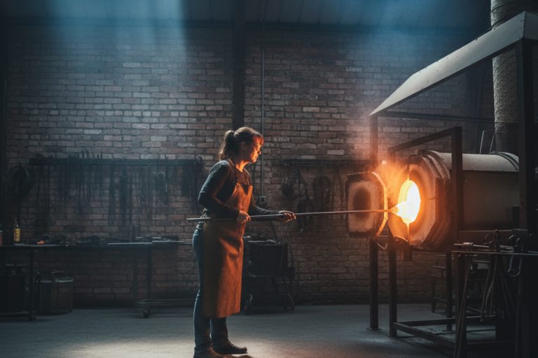 가죽 앞치마를 입은 작업자가 벽돌로 된 작업장 안의 큰 가마의 불타는 입구에 긴 금속 막대를 뻗습니다. 천장 스카이라이트를 통해 햇빛이 비추어 콘크리트 바닥과 배경에 걸린 도구들을 밝힙니다.
