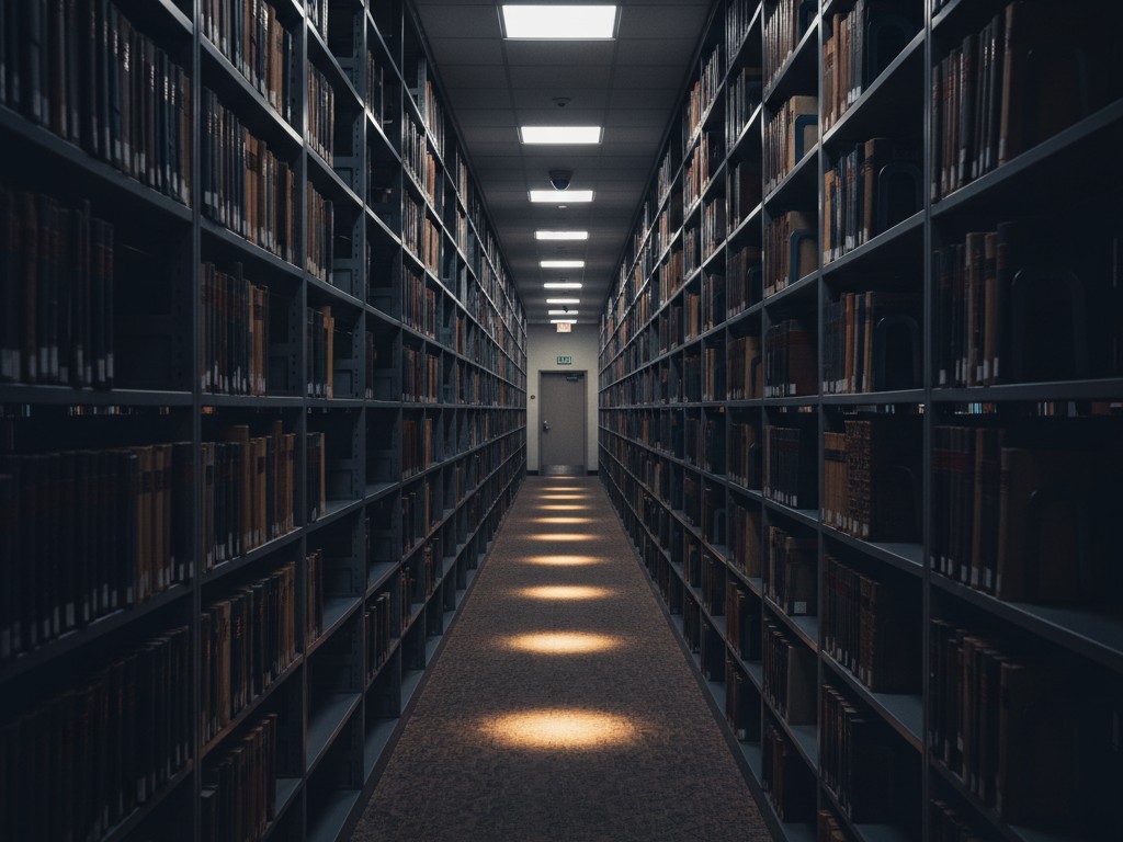 The library stack tunnel effect A long, dimly lit library aisle with tall metal shelves, showing pools of light on the floor while the upper shelves disappear into shadow.