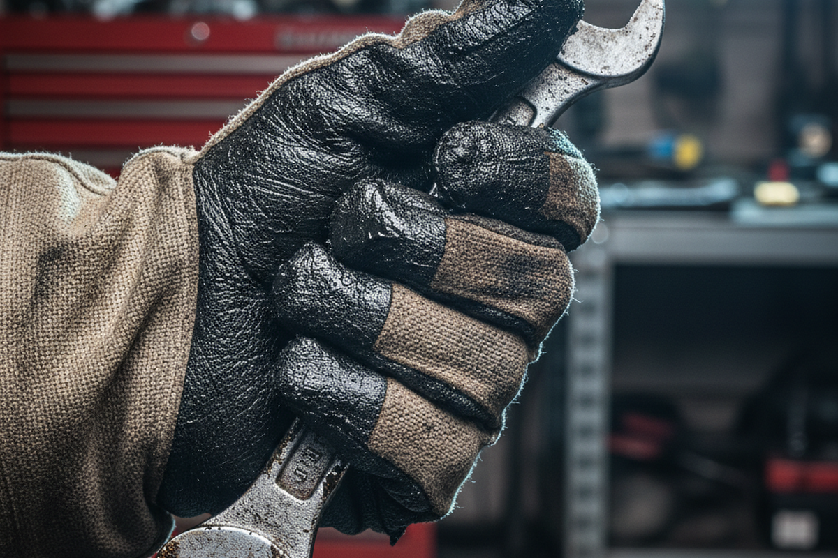 A hand wearing a thick, textured work glove grips a steel wrench against a blurred background. The setting features typical workshop equipment, including a red tool chest and metal shelving.