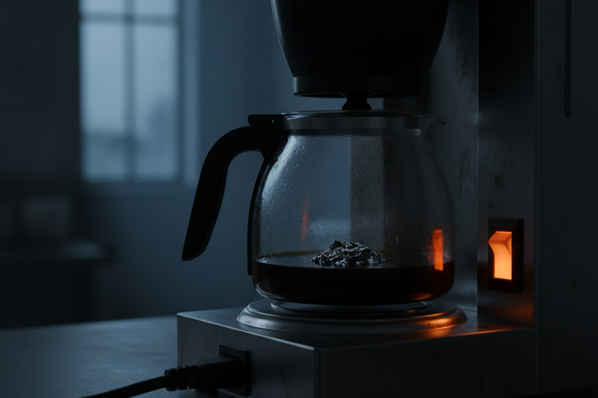 A glass coffee carafe rests on a heater in a dark room, highlighted by a bright orange on-off switch. The small amount of liquid inside has darkened and reduced to a burnt residue at the bottom of the pot.