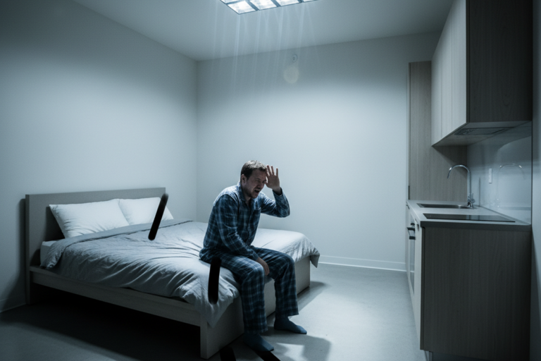 한 남자가 파자마를 입고 스튜디오 아파트 침대 가장자리에 앉아 강렬한 천장 조명으로부터 눈을 가리고 있다. 단조로운 방에는 컴팩트한 간이 주방과 최소한의 가구가 강한 눈부심으로 비춰진다.
