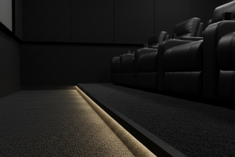 A warm LED light strip runs along the base of a carpeted riser in a darkened home theater room. A row of black leather recliners sits on the elevated platform, illuminated from below by the floor-level safety lighting.