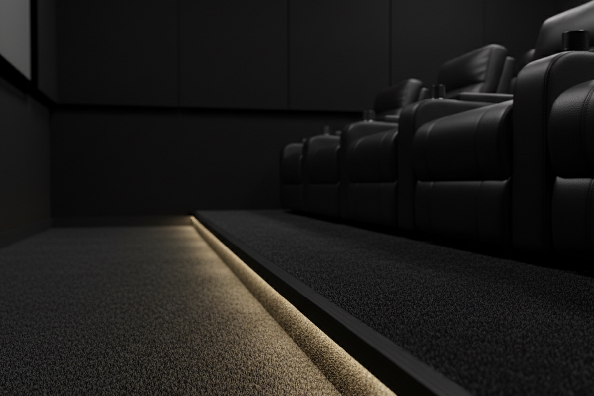 A warm LED light strip runs along the base of a carpeted riser in a darkened home theater room. A row of black leather recliners sits on the elevated platform, illuminated from below by the floor-level safety lighting.
