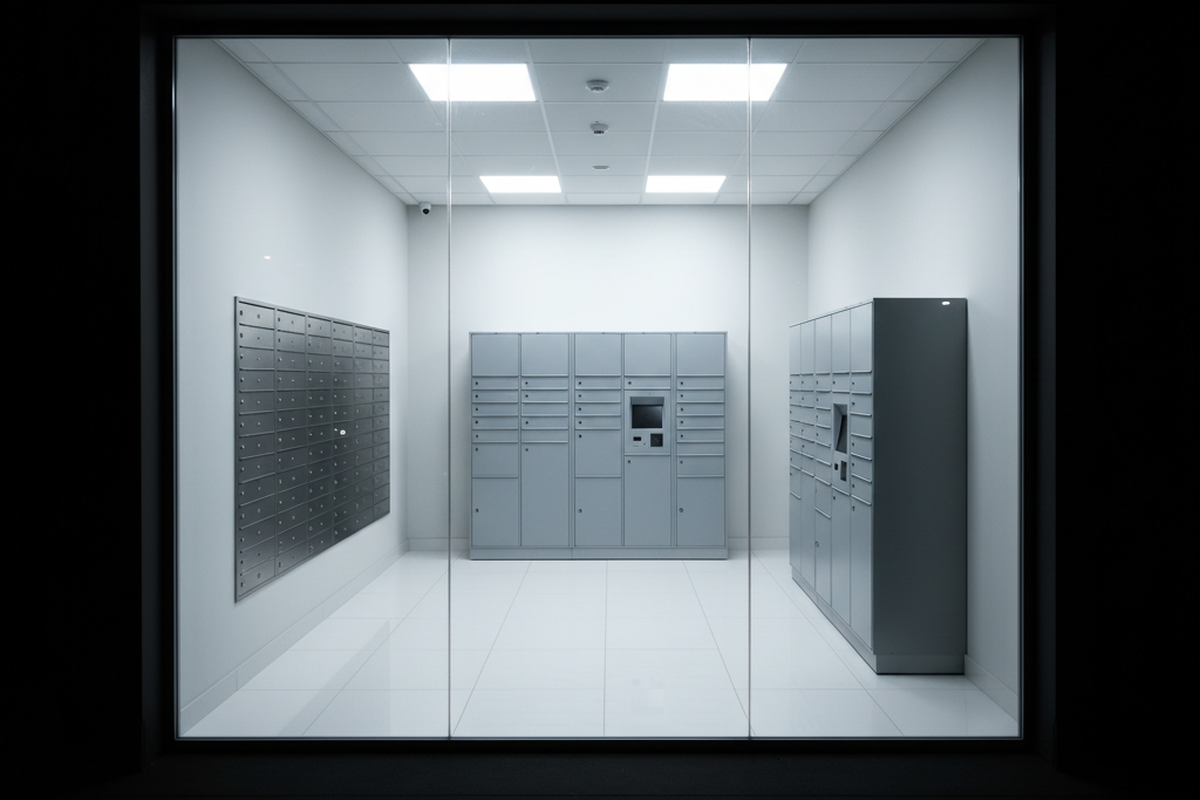 Ein hell erleuchteter, weiß gestrichener Raum mit Metallbriefkästen und grauen Paketfächern steht hinter einem großen Glasfenster leer. Die Umgebung ist völlig dunkel, was die intensive künstliche Beleuchtung im unbesetzten Raum betont.