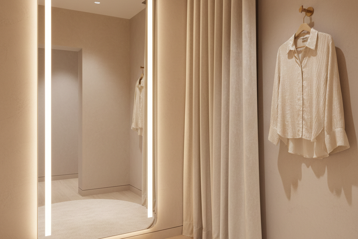 A tall rectangular mirror features bright vertical LED strips along its sides, illuminating a minimalist beige fitting room. A textured white shirt hangs on a hook next to a floor-length curtain.