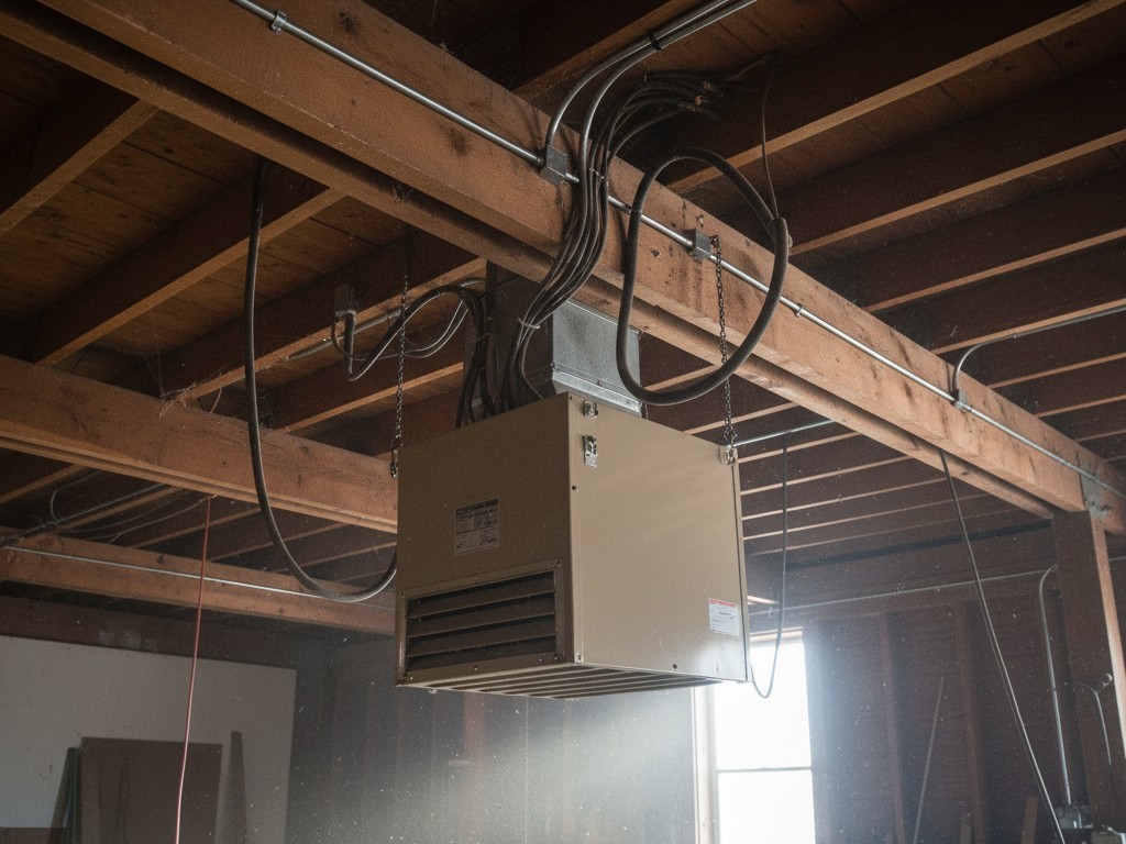 Industrial ceiling unit heater A beige industrial gas unit heater suspended from a wooden workshop ceiling with metal louvers facing the room.