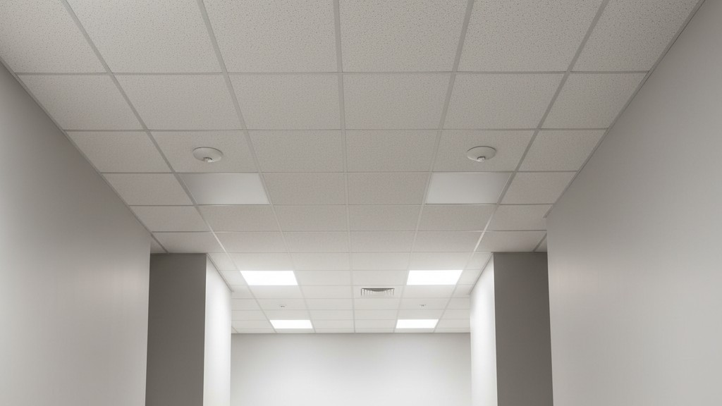 Dual ceiling sensor placement for corridors A low-angle view of an L-shaped office corridor ceiling showing two round motion sensors mounted in separate hallway legs, away from the corner.