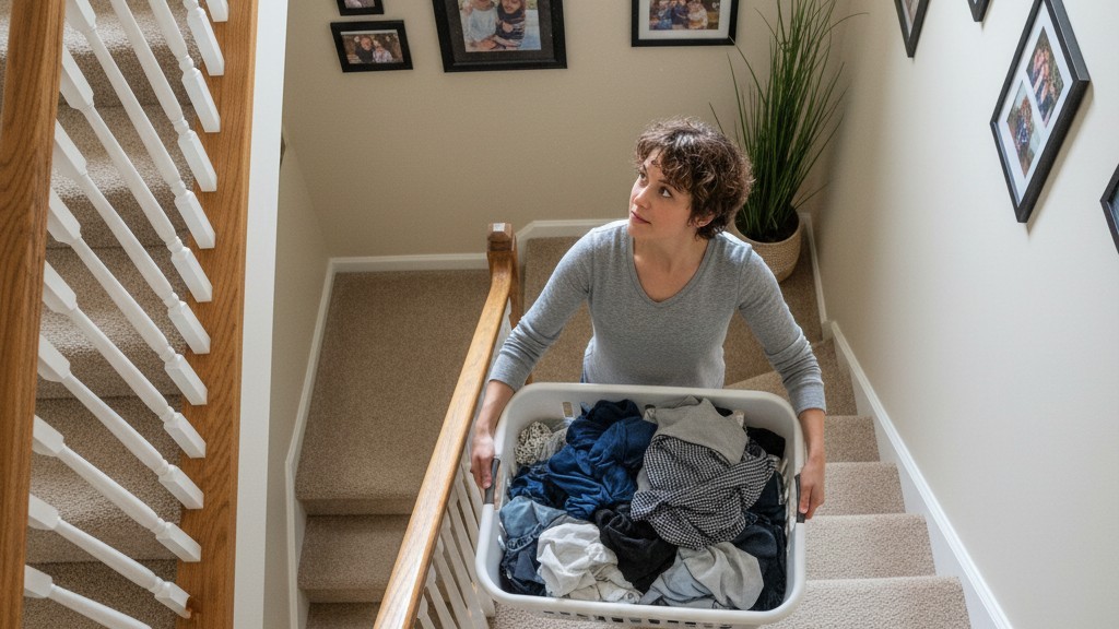 Vista dall'alto di un cesto della biancheria sulle scale Vista dall'alto che guarda verso il basso una persona che sale scale rivestite di moquette portando un grande cesto della biancheria.