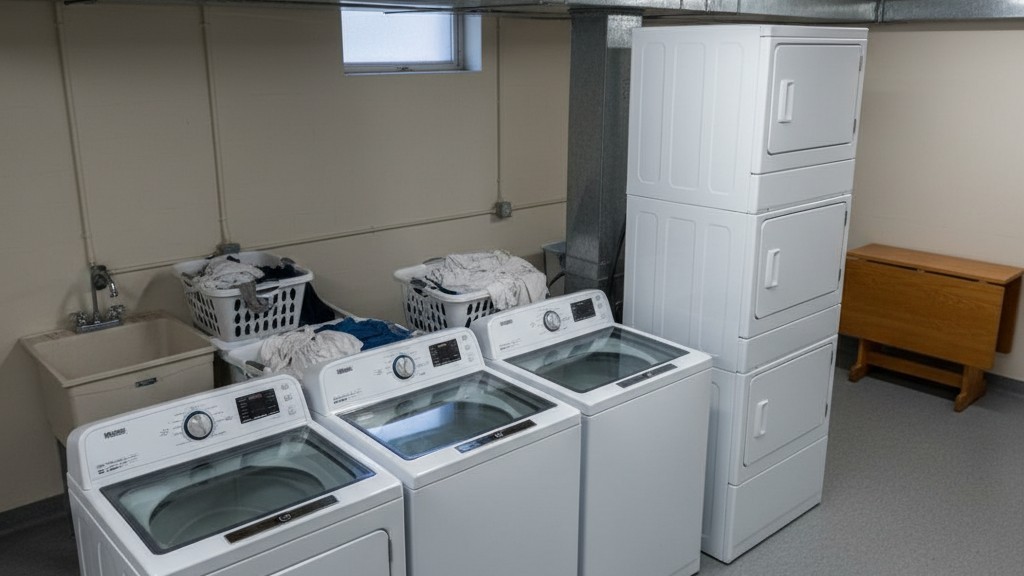 Laundry room visual obstructions A high-angle view of a laundry room layout showing how a tall stack of dryers blocks the line of sight to a corner folding table.