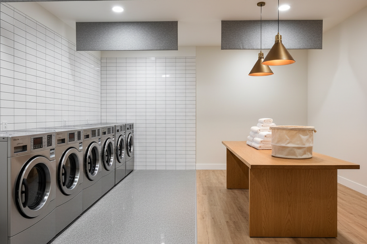 A shared laundry space is divided down the center, featuring a row of silver washing machines on grey flooring opposite a wooden folding table on wood-look flooring. Suspended acoustic panels and brass pendant lights add definition to the folding zone on the right.
