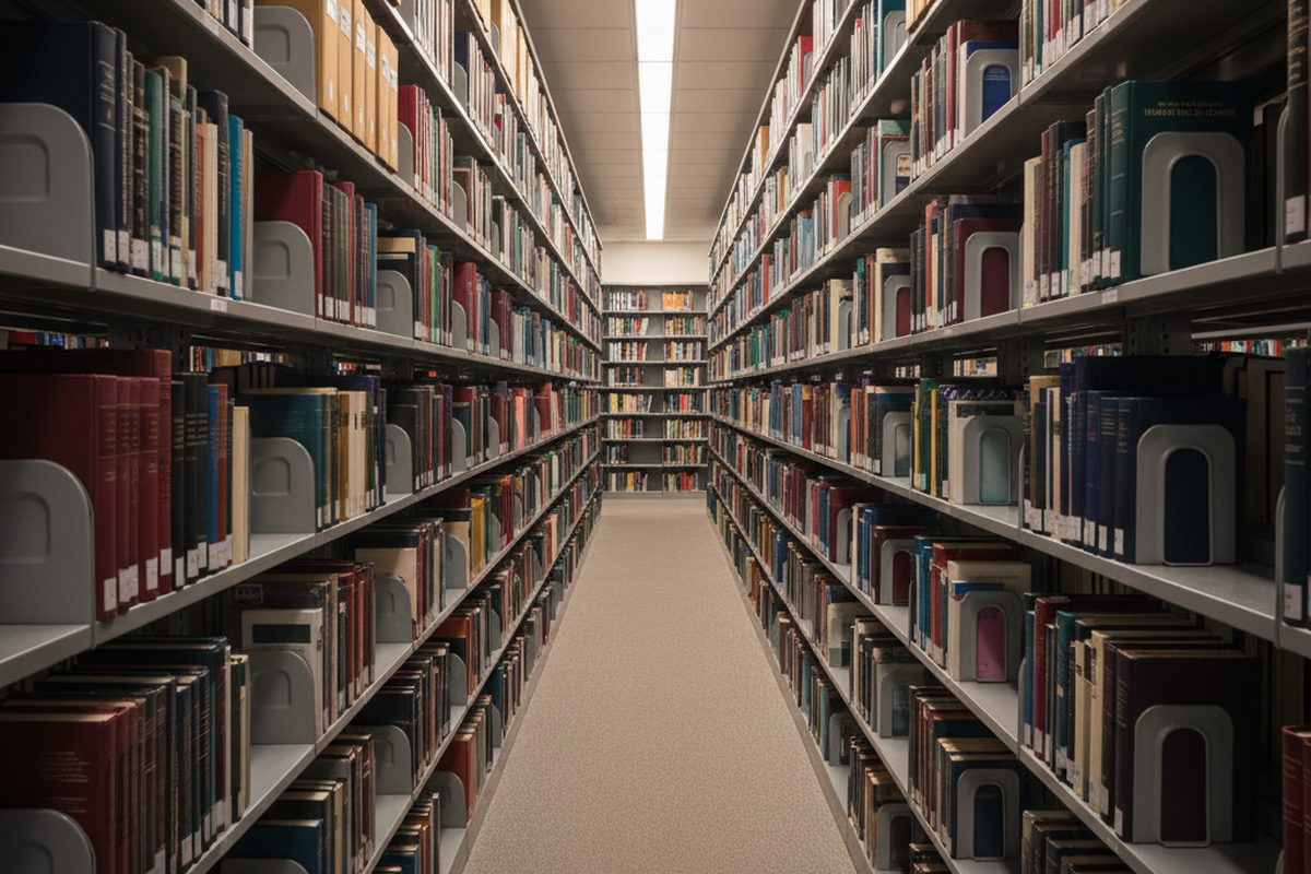 Tall metal bookshelves line both sides of a long, carpeted aisle in a library. A continuous strip of overhead lighting extends down the center of the ceiling, illuminating the colorful spines of the books.