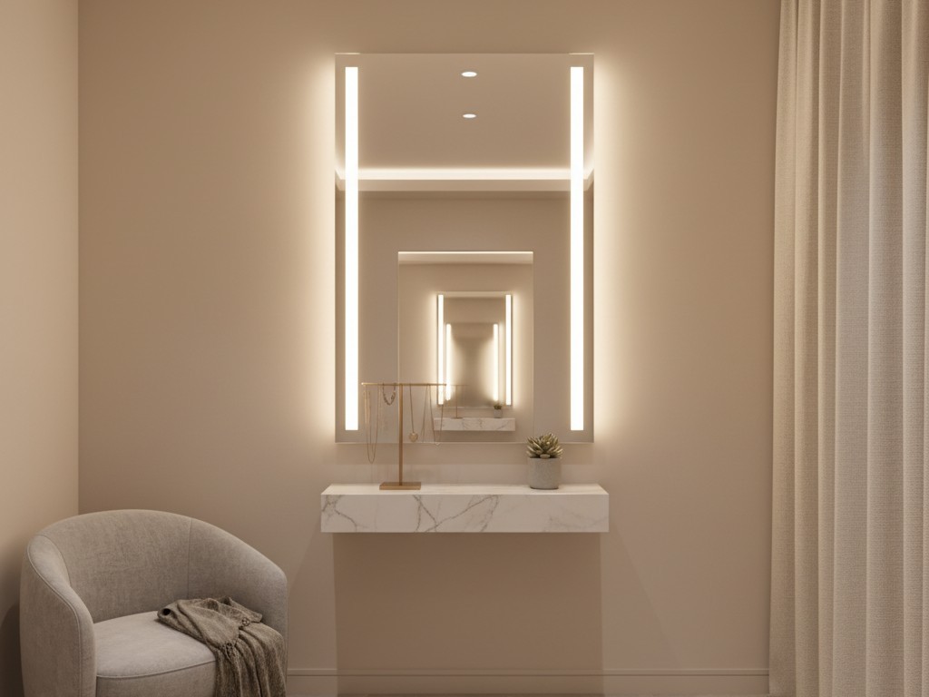 Vertical mirror lighting design A high-end fitting room mirror featuring integrated vertical LED strips on both sides, casting a soft warm glow.