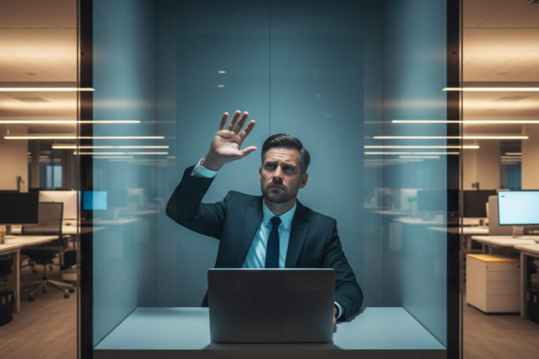 A professional in a business suit sits inside a glass-walled office pod and waves a hand toward the ceiling sensor. The small booth is illuminated by a cool overhead light while the surrounding open office remains dim.
