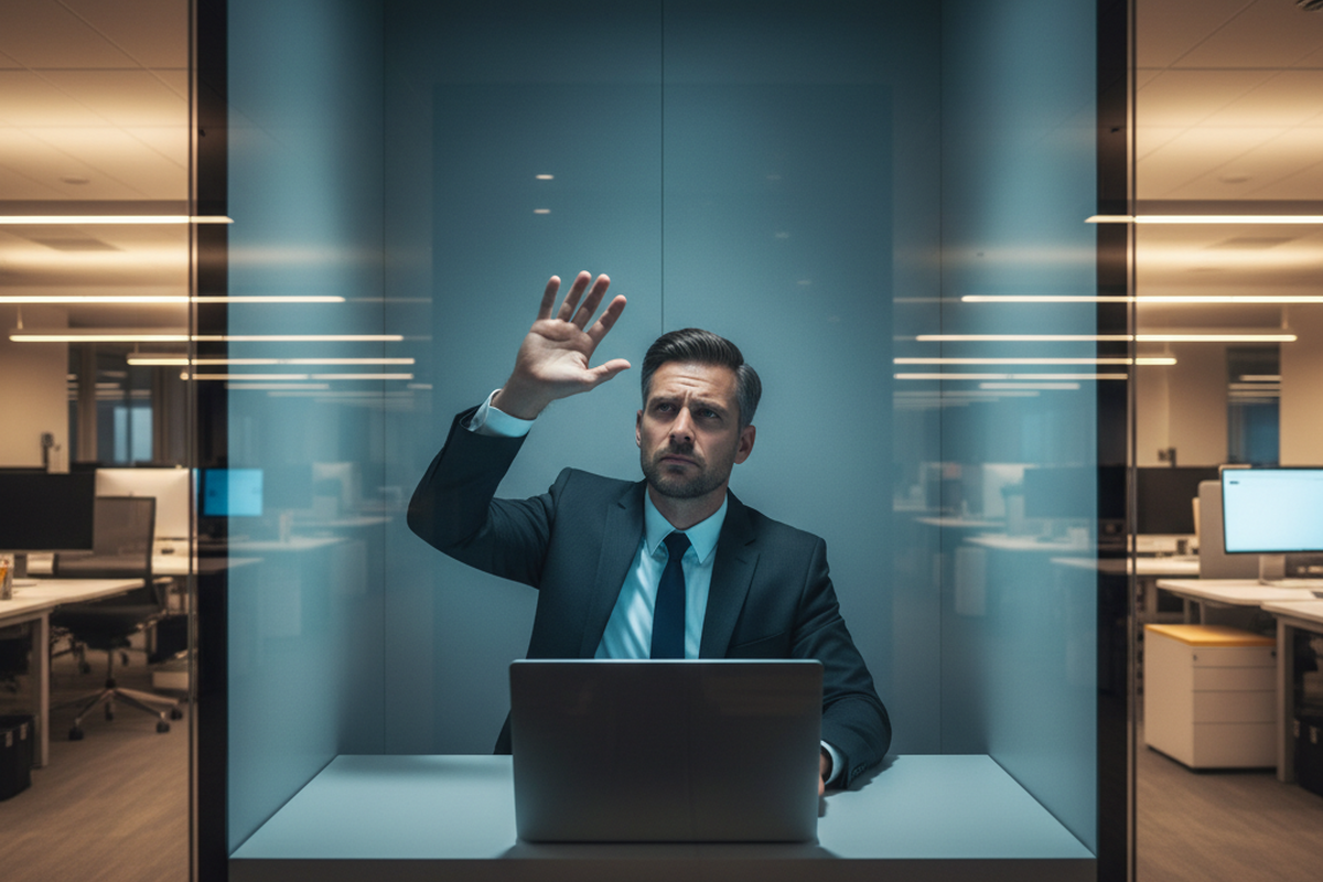 A professional in a business suit sits inside a glass-walled office pod and waves a hand toward the ceiling sensor. The small booth is illuminated by a cool overhead light while the surrounding open office remains dim.