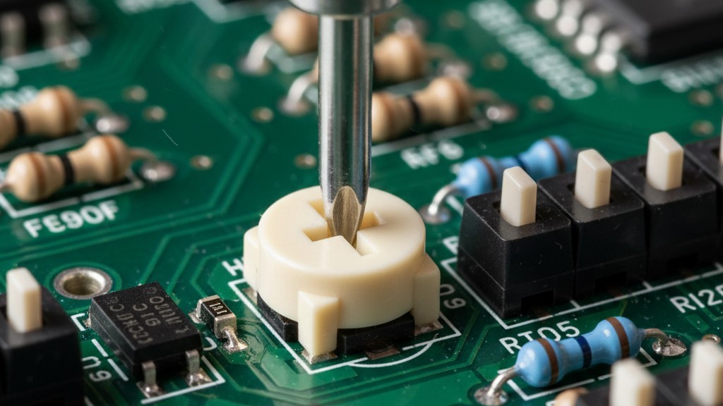Regolazione dei controlli fisici del circuito Una vista macro di un cacciavite da gioielliere che regola una piccola manopola potenziometrica su una scheda elettronica.