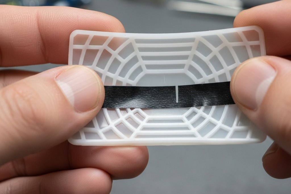 Applying tape to sensor lens Close-up view of hands applying black electrical tape to the inside of a detached white plastic motion sensor lens.