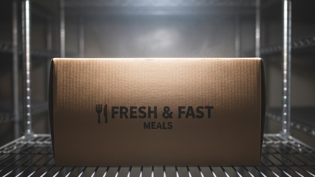Perishable package heat exposure A close-up of a meal kit delivery box on a wire shelf under a bright, intense overhead light.