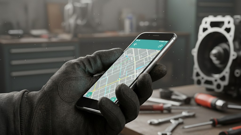 Smartphone use with work gloves A close-up of a hand wearing a dirty, grease-stained mechanic's glove attempting to use a smartphone touch screen.