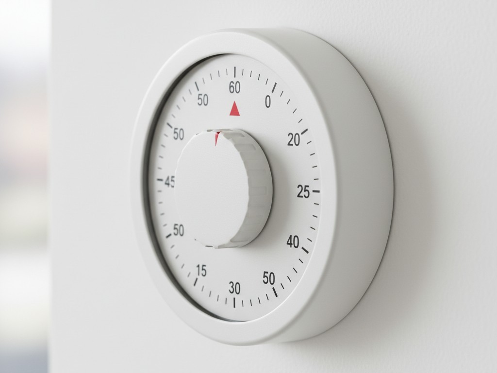 Mechanical spring wound wall timer A white mechanical wall switch with a rotary dial marked with time increments up to 60 minutes.