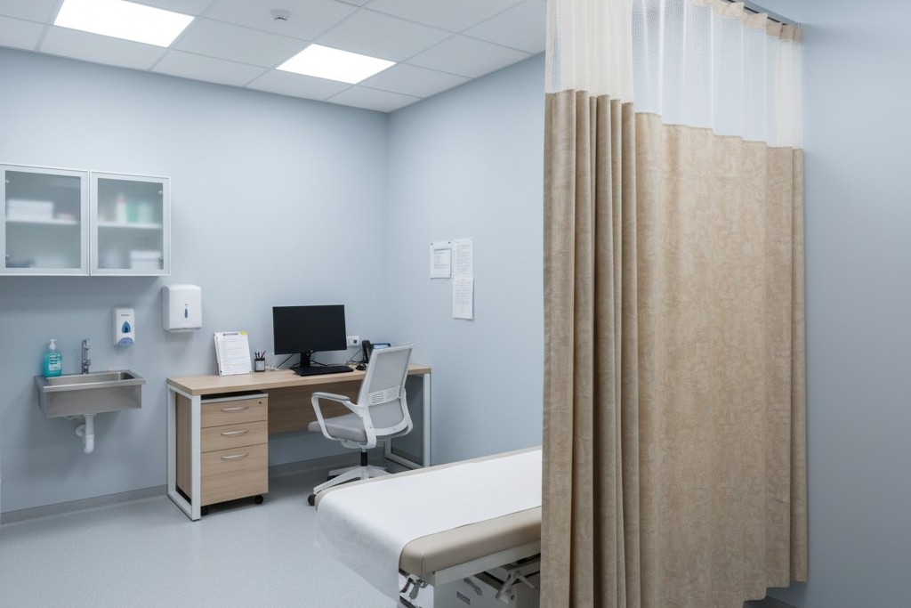 Exam room privacy curtain layout A modern medical exam room with a privacy curtain drawn around the patient table, visually blocking the line of sight from the entrance.