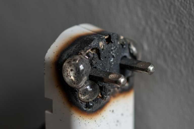 A close-up view shows a white smart plug adapter with blackened, bubbly melted plastic surrounding the metal prongs. The device exhibits signs of catastrophic electrical failure and overheating against a neutral background.