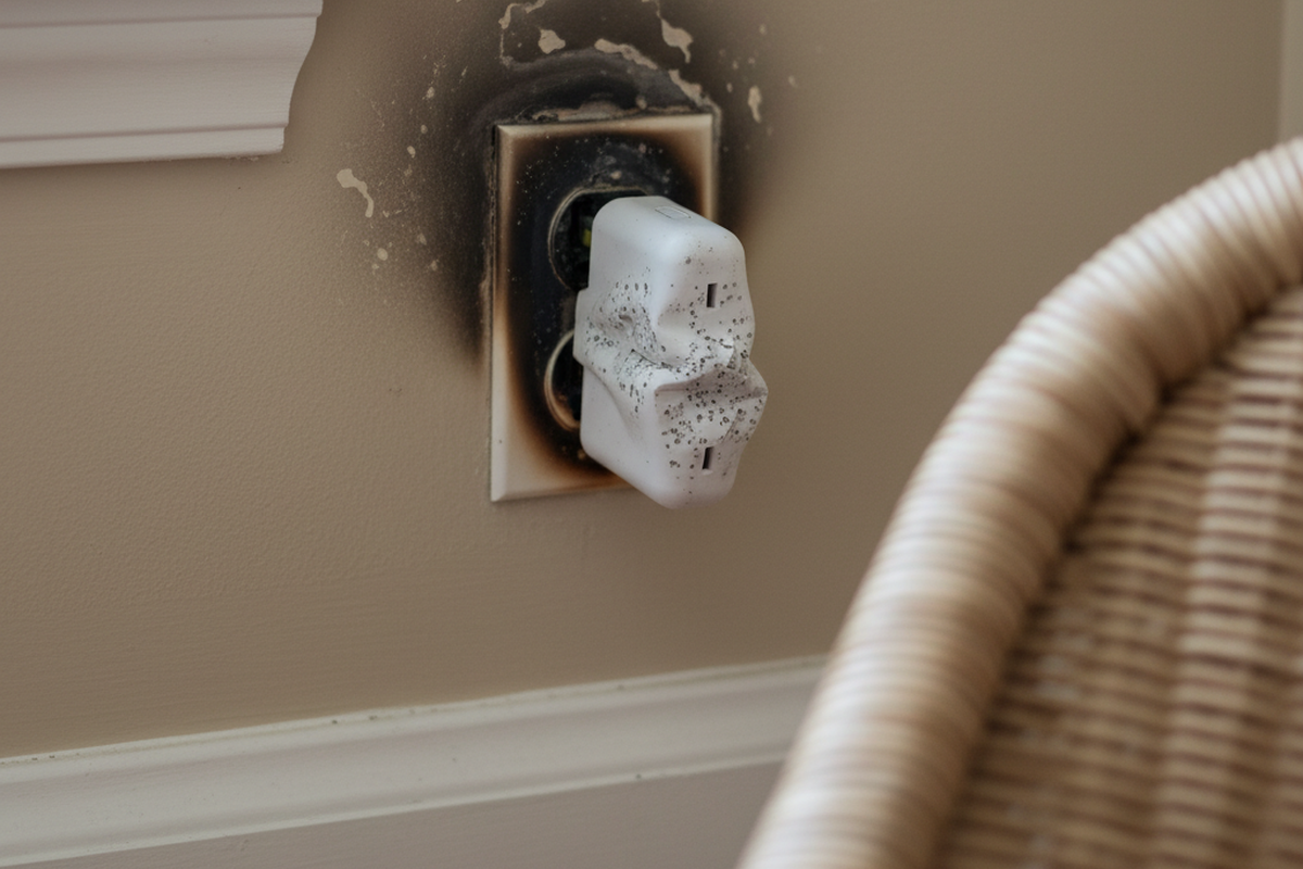 A deformed white smart plug sits in a blackened wall outlet surrounded by a heavy ring of soot and scorched paint. The plastic casing of the plug is warped from heat damage near a window frame and wicker chair.