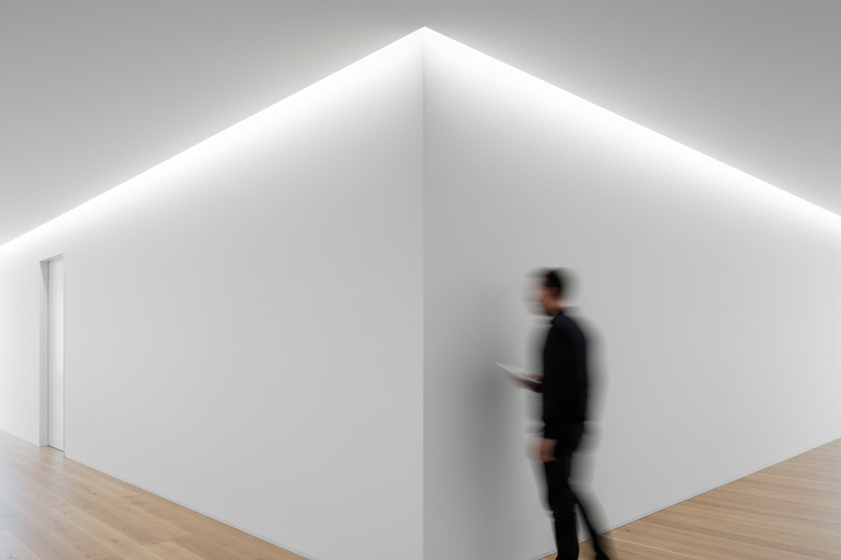 Eine verschwommene Gestalt geht um die scharfe Ecke eines weißen L-förmigen Flurs mit hellem Holzboden. Eingelassene Lichtleisten entlang der Deckenkante sorgen für sanfte Beleuchtung im minimalistischen Raum.