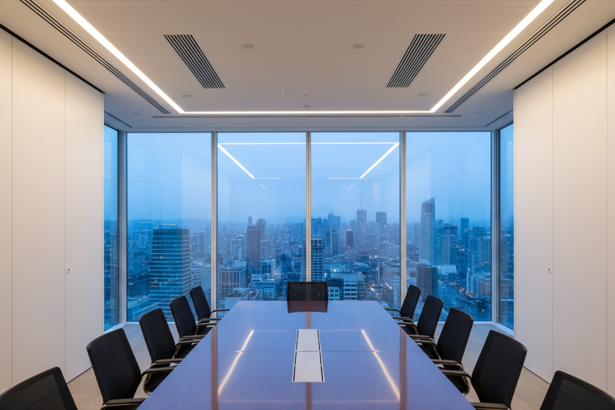 An empty modern conference room features a long polished wooden table surrounded by black chairs, with floor-to-ceiling windows revealing a blue city skyline at dusk. Ceiling vents and LED strip lighting are visible above the minimalist white interior.