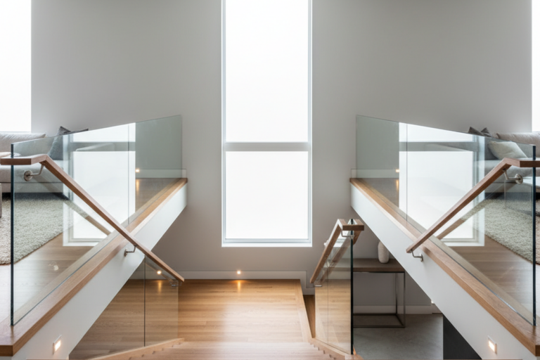 현대적인 분할 층 계단의 대칭적 모습으로, 나무 계단이 상하층으로 이어지고 유리 난간과 통합된 계단 조명이 있다. 큰 세로 창문이 중앙에 위치해 착지 공간에 자연광을 제공한다.