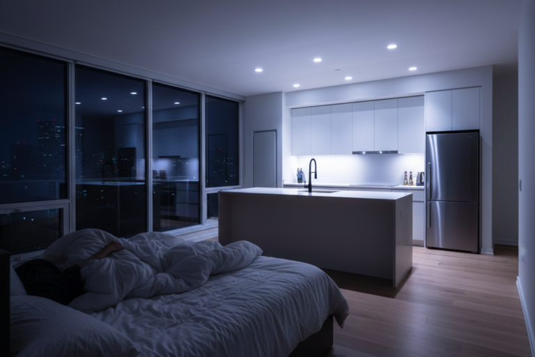 A person sleeps in a shadowed bed in the foreground while bright, cool-white overhead lights illuminate the adjacent open-plan kitchen. The glare from the culinary space spills across the wooden floor and reaches the sleeping area, highlighting the lack of physical dividers.