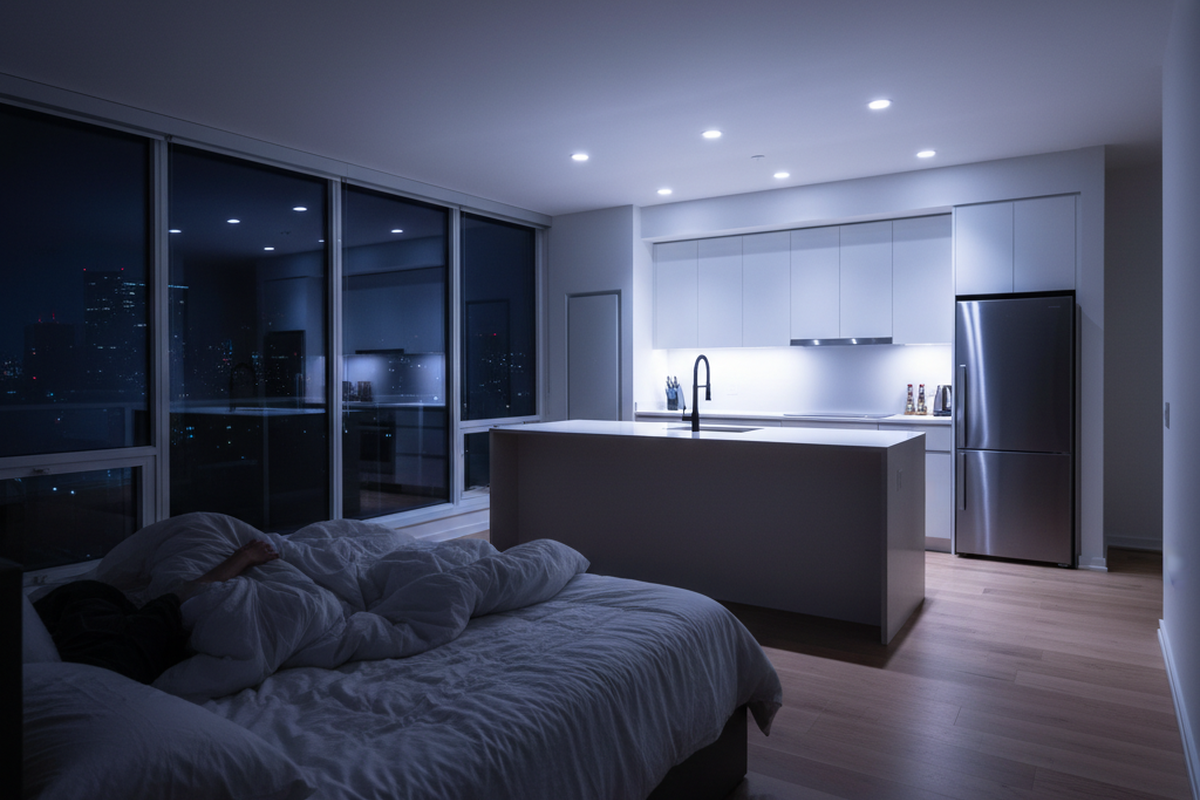 A person sleeps in a shadowed bed in the foreground while bright, cool-white overhead lights illuminate the adjacent open-plan kitchen. The glare from the culinary space spills across the wooden floor and reaches the sleeping area, highlighting the lack of physical dividers.