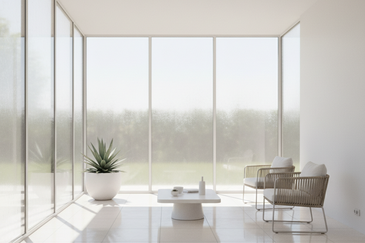 A bright, minimalist sunroom features large glass windows, a white coffee table, and woven chairs on a glossy tiled floor.