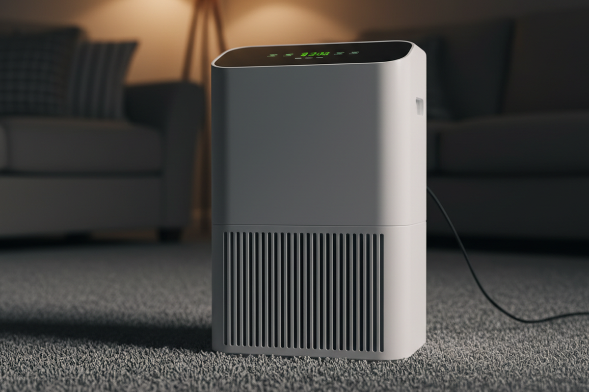 A modern white dehumidifier sits on a gray carpet in a low-light room, featuring a black control panel with green digital readouts. A floor lamp glows warmly in the out-of-focus background behind the appliance.