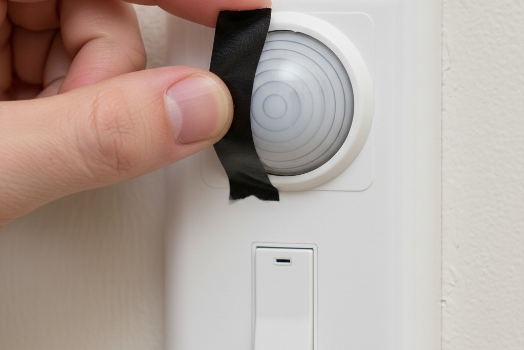 Applying tape to motion sensor A close-up of a hand applying a strip of black electrical tape to the side of a wall switch motion sensor lens.