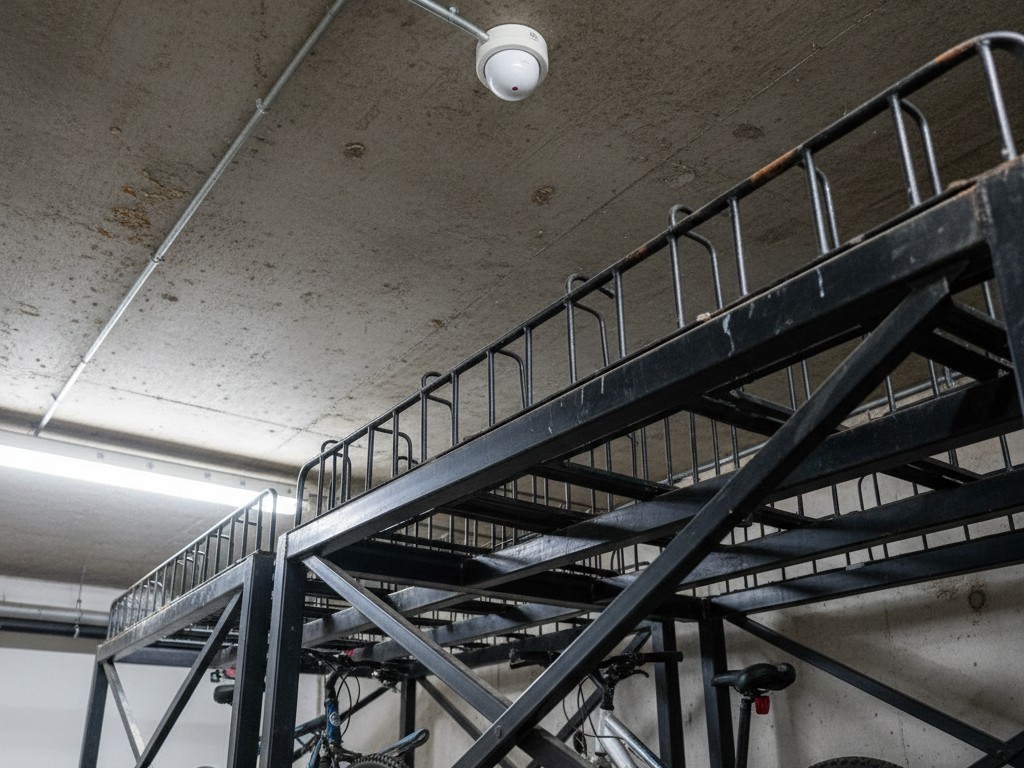 Sensore a soffitto bloccato da rastrelliere per biciclette Vista dal basso verso l'alto di un soffitto in cemento in una stanza per biciclette, dove un sensore di movimento bianco è parzialmente nascosto dal livello superiore metallico di un rastrelliera doppio per biciclette.