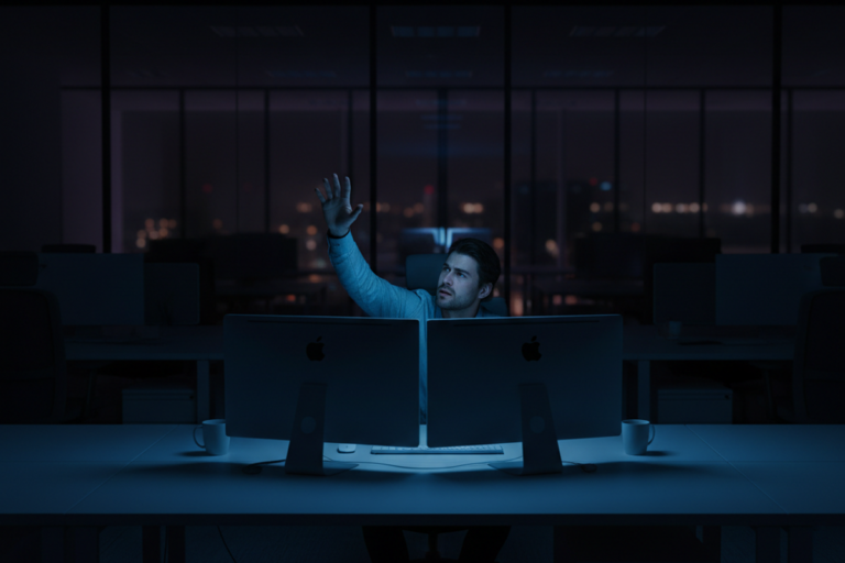 A man sits at a desk in a darkened office, illuminated only by dual computer monitors, raising one hand to activate a motion sensor. The background shows a city skyline at night through large glass windows.