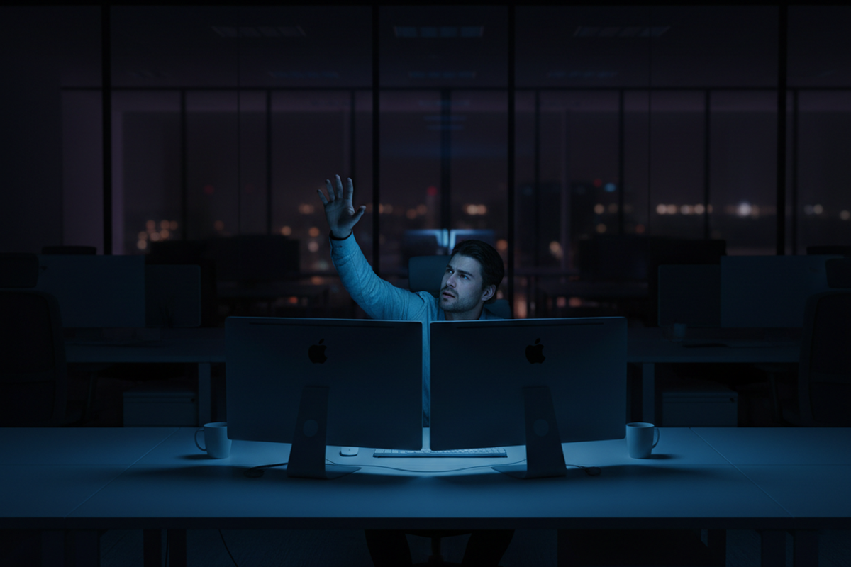A man sits at a desk in a darkened office, illuminated only by dual computer monitors, raising one hand to activate a motion sensor. The background shows a city skyline at night through large glass windows.