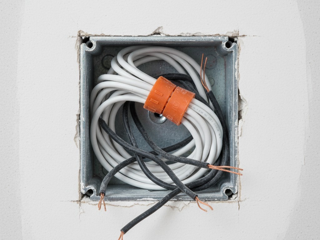 Open electrical box with neutral wires A close-up view inside an open wall electrical box showing a bundle of white neutral wires capped with a wire nut.
