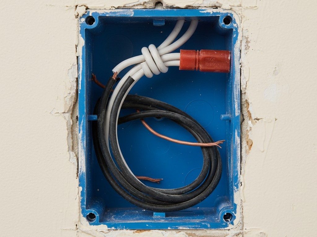 Electrical wall box wiring check An open electrical switch box in a drywall cut-out, showing a bundle of white neutral wires and bare copper ground wires.