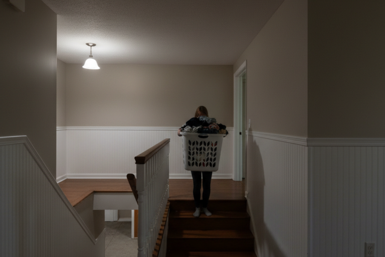 Osoba stoi na górnych stopniach schodów półpiętrowych, trzymając duży biały kosz na pranie, zwrócona tyłem. Otaczający korytarz jest słabo oświetlony, tworząc wyraźne cienie na drewnianej podłodze i białych lamperiach.