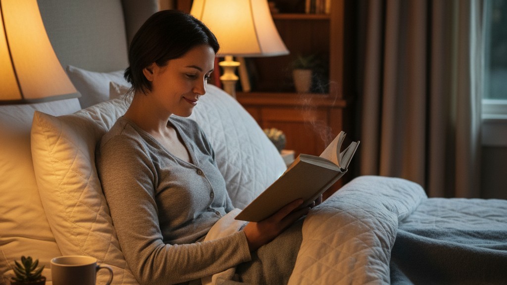 Quiet bedroom reading scene A person sitting up in bed reading a book under the glow of a bedside lamp.