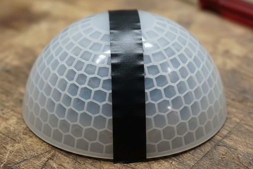 Motion sensor lens masking The inside of a disassembled motion sensor casing, showing a strip of black electrical tape applied to the curved translucent lens.