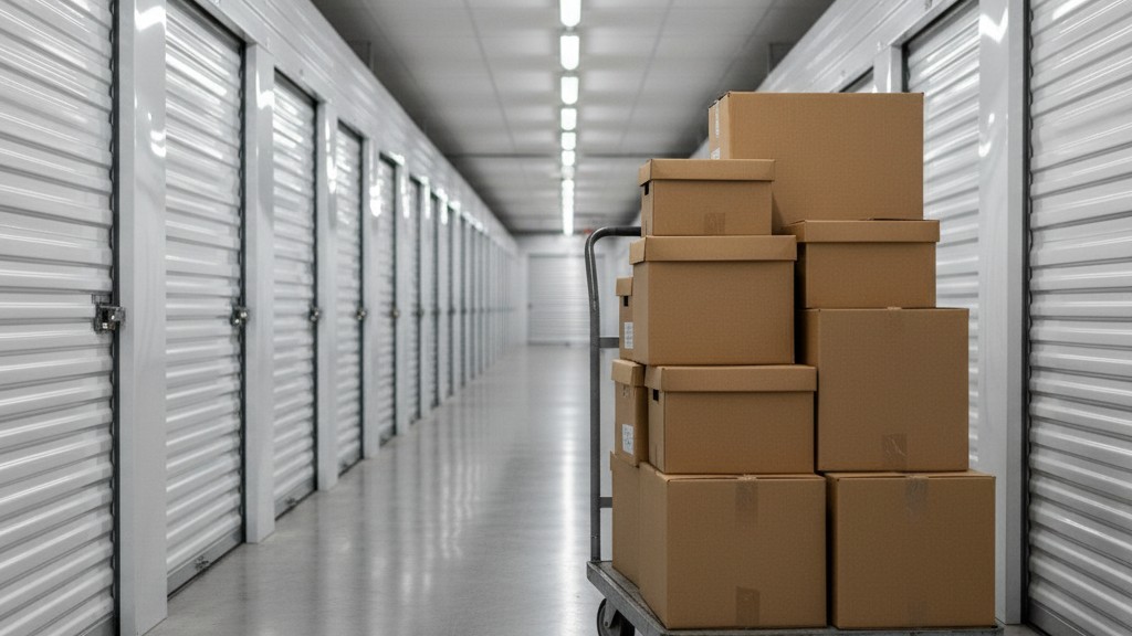 Self-storage corridor with flatbed cart A long, narrow self-storage hallway with white corrugated metal doors and a flatbed cart loaded with boxes in the foreground.