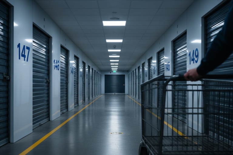 A person pushes a wire utility cart down a long, narrow self-storage hallway lined with numbered blue roll-up doors and square ceiling lights.