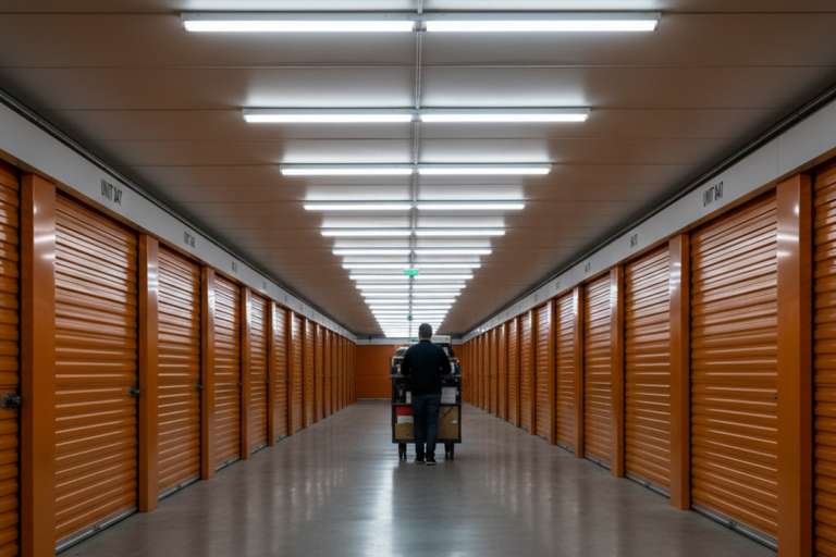 한 사람이 밝은 천장 조명 아래 오렌지색 저장 유닛 문이 늘어선 긴 복도를 따라 카트를 밀고 있다. 전경 천장에는 흰색 원형 모션 센서가 광택 있는 콘크리트 바닥 위에 설치되어 있다.