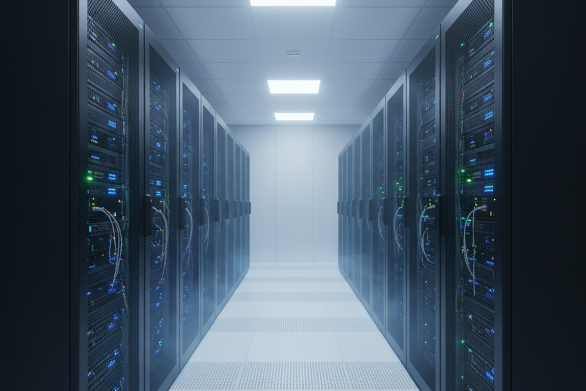Rows of black server racks lined with blue status LEDs flank a central aisle composed of perforated floor tiles. A low-lying mist or fog drifts across the floor and lower rack sections beneath bright, square overhead light panels.