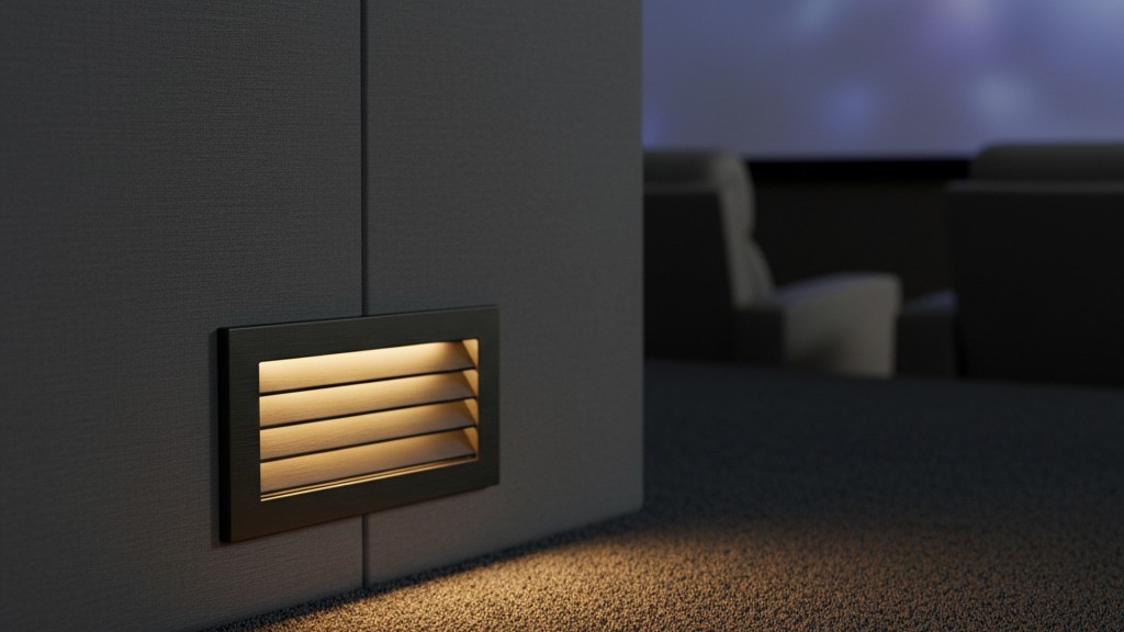 Shielded louvered step light A rectangular, recessed step light installed near the floor, casting a controlled downward glow on the carpet.